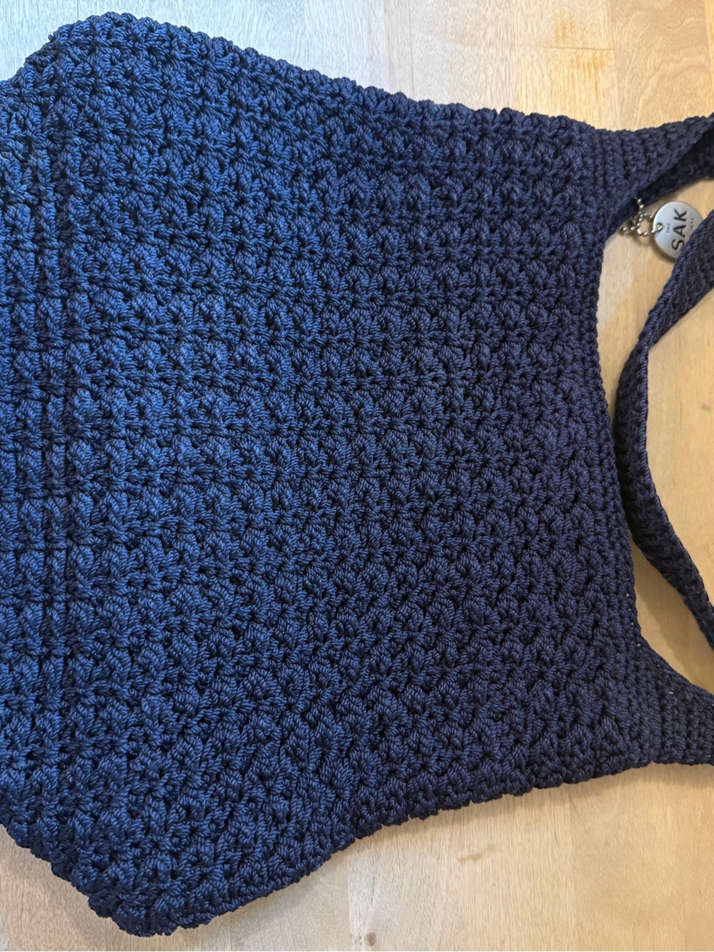 The Sak Navy Blue Crochet Knit Shoulder Bag Woven Hobo Slouchy Popcorn Purse M - Picture 4 of 7
